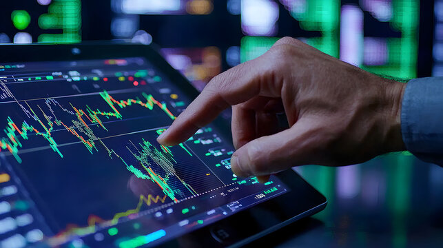 Investor analyzes stock market data on digital tablet during trading session in a financial office with mood lighting indicating market trends