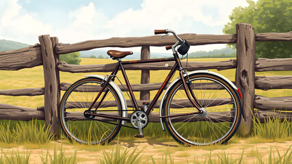 Fototapeta premium A vintage bicycle leaning against a rustic fence in a countryside setting illustration. generative AI