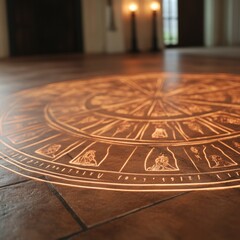 Illuminated circular floor design with ancient symbols.