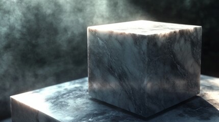 A sleek, polished marble cube with subtle veining sits on a larger marble platform, bathed in a dramatic, soft beam of light from above. The scene has a dark, atmospheric background with gentle smoke 