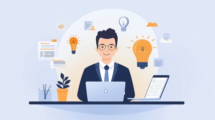 Bright and Creative Workspace Scene Featuring a Young Professional with Laptop Surrounded by Light Bulbs and Office Elements for Inspirational Visuals