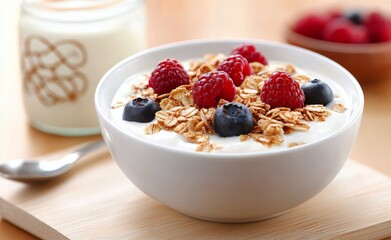 Delicious yogurt bowl topped with fresh berries and granola for a healthy breakfast option