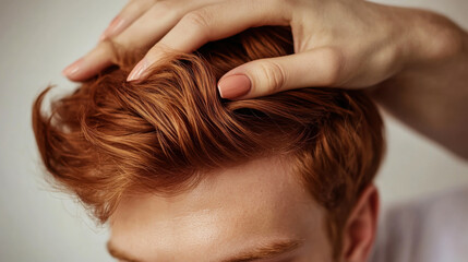 Naklejka premium Styling red hair with hands to achieve a trendy look in a well-lit indoor setting during the day