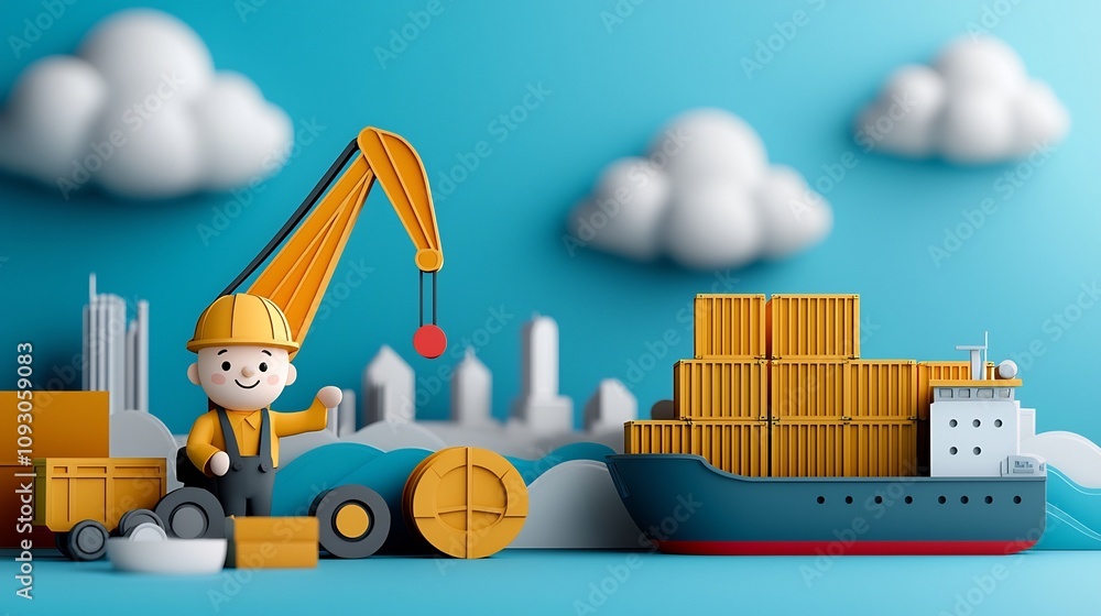 Aufkleber paper cut of port engineer supervising crane loading containers onto ship with layered elements of s