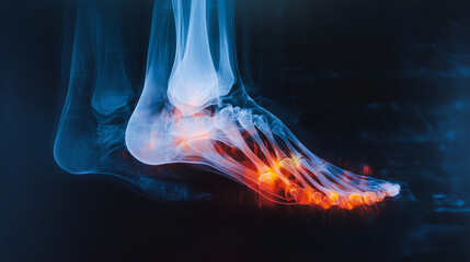 X-ray of a human foot on a dark blue background, showing red and yellow highlights on the arch and joints for a focused look at the foot's bone structure.