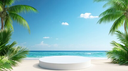 A serene beach with clear sky and palm trees.