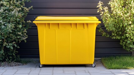 Bright yellow dumpster in garden with green foliage