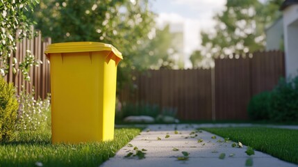 Naklejka premium Yellow bin on pathway with sunlight and green yard
