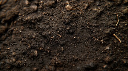 Rich, dark soil glistens with moisture, revealing intricate textures and hints of life below.