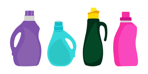 The bottles of detergent, washing powder, detergent powder, bottle of spray, a means for washing dishes. A simple illustration in the flat style, isolated on white background