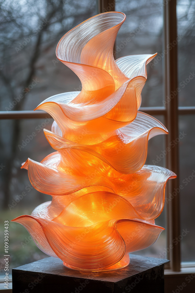 Poster a flowing composition of orange glass petals overlapping elegantly, creating a luminous abstract for