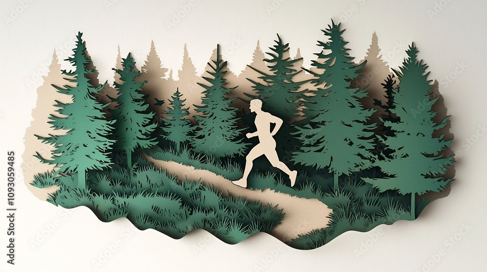 Poster paper cut style of a runner navigating a scenic forested trail with layered green and brown textures