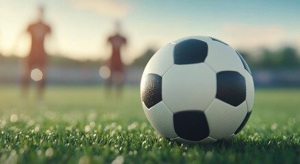 Soccer ball on the field with players in the background during a match at sunset