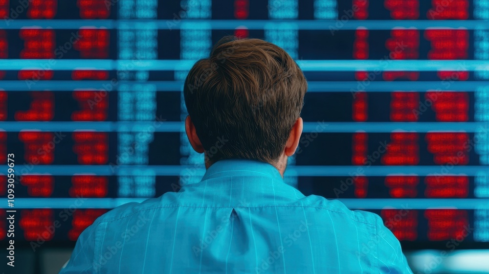 Aufkleber businessman analyzing stock market trends with digital display showing data and graphs in a modern o