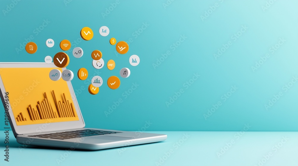 Poster minimalist illustration of a laptop screen displaying data analytics with colorful icons for seo per