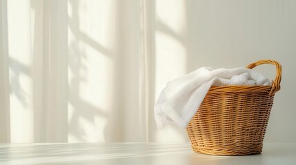 Morning sunlight reflecting on a basket of laundry, cozy home atmosphere