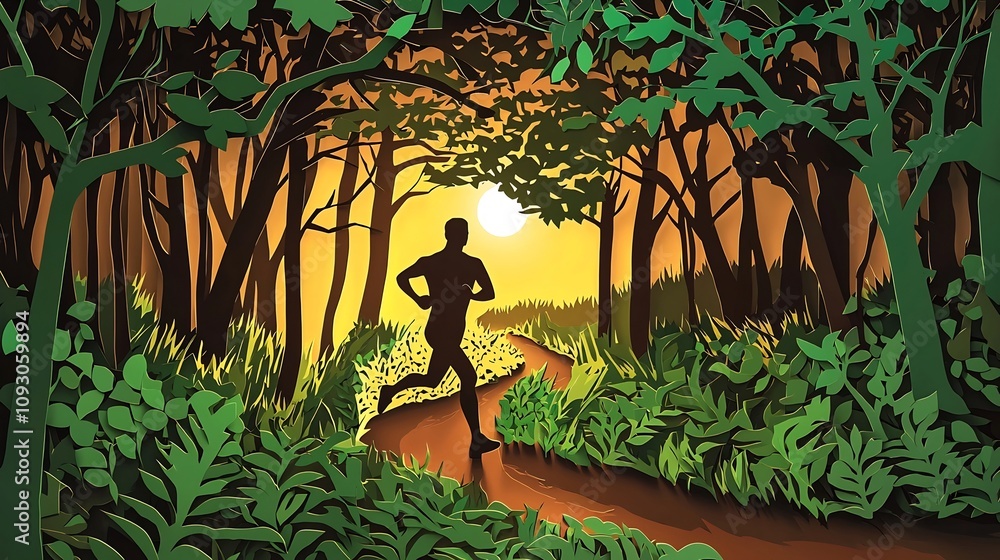 Poster papercut style of a runner silhouetted on a forested trail with layered green and brown textures cre