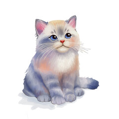 Cat watercolor illustration, cute, fluffy, three-color, red, gray, white