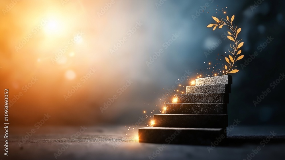 Poster a creative representation of success featuring steps leading upwards with a leafy laurel and sparkli