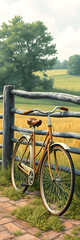 Obraz premium A vintage bicycle leaning against a rustic fence in a countryside setting illustration. generative AI