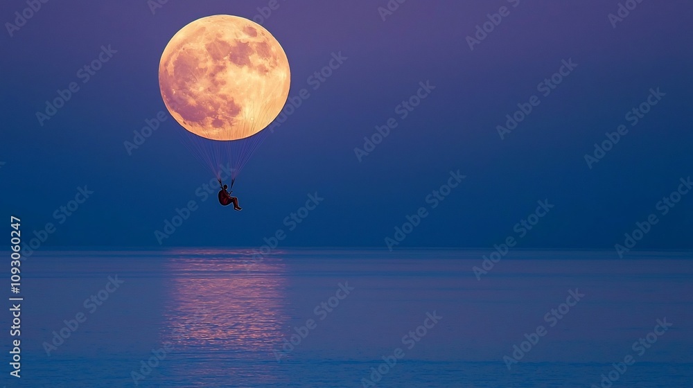 Poster paraglider silhouetted against the dramatic full moon gliding effortlessly above the calm and reflec