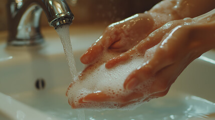 Fototapeta premium close-up of hands being washed under running water in the bathroom sink