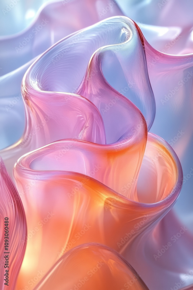 Poster elegant overlapping glass curves in gradient hues, captured in soft focus to create a dreamy aesthet