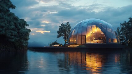 Obraz premium A futuristic glass dome house glowing on a tablet screen, ultra-modern and eco-friendly 