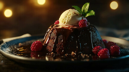 Desert Dark Chocolate Lava Cake With Vanilla Ice Cream And Raspberries. Chocolate Cake With Ice Cream