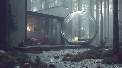 Minimalist modern house encapsulated in a glass-like bubble, surrounded by a lush forest on a bright day, representing home protection.