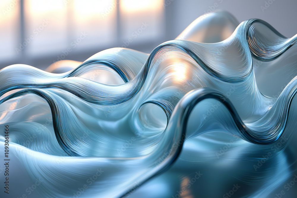 Poster Fluid, overlapping glass curves in gradient tones, radiating light and blurred softly for a serene effect,