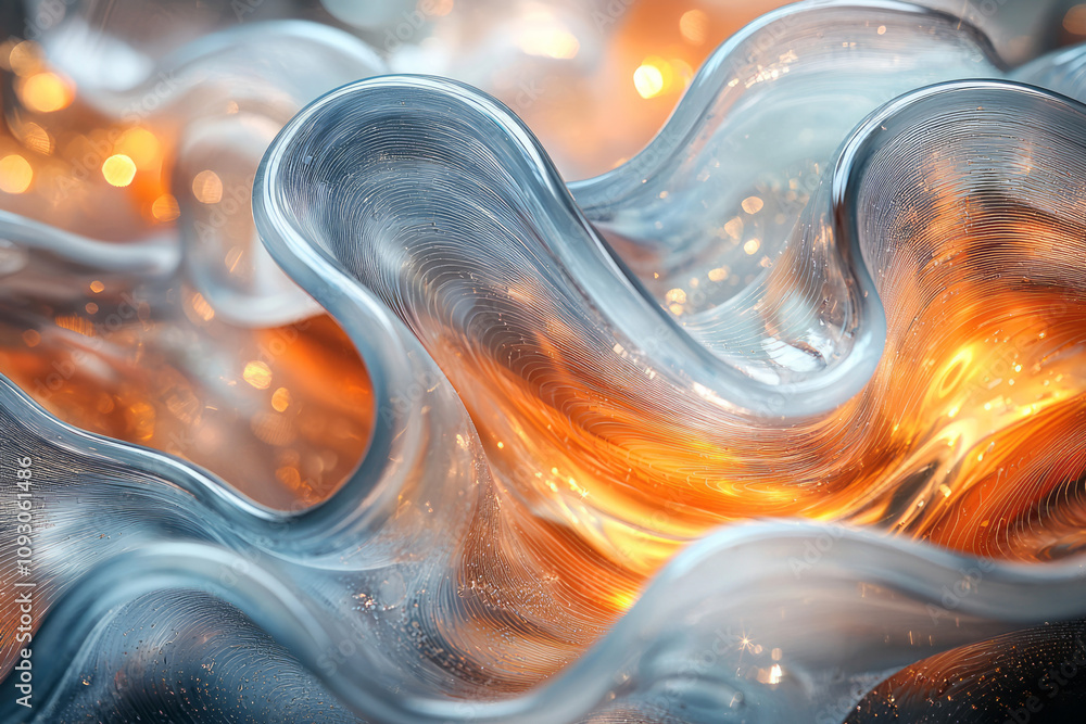 Poster fluid, overlapping glass curves in gradient tones, radiating light and blurred softly for a serene e