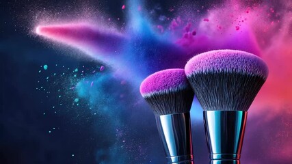 Colorful makeup brushes with vibrant powder explosion