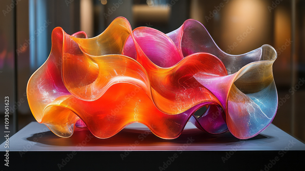 Poster a mesmerizing sculpture with fluid waves of multicolored glass, creating a sense of movement and ene