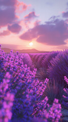 Obraz premium Lavender Fields with Lavender Extract Enhancing Glowing Skin and a Tranquil Sunset for Wellness and Skincare