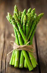 Freshly harvested asparagus bundled on a rustic wooden surface for healthy cooking