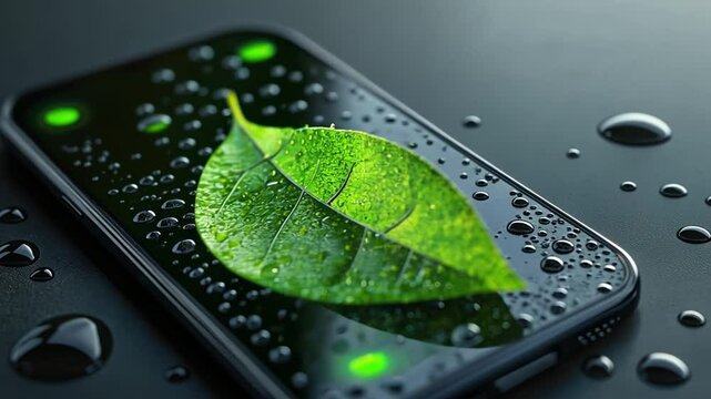 Green Technology: A fresh, green leaf rests on a sleek, modern smartphone, surrounded by water droplets, symbolizing a sustainable future and the connection between nature and technology.  