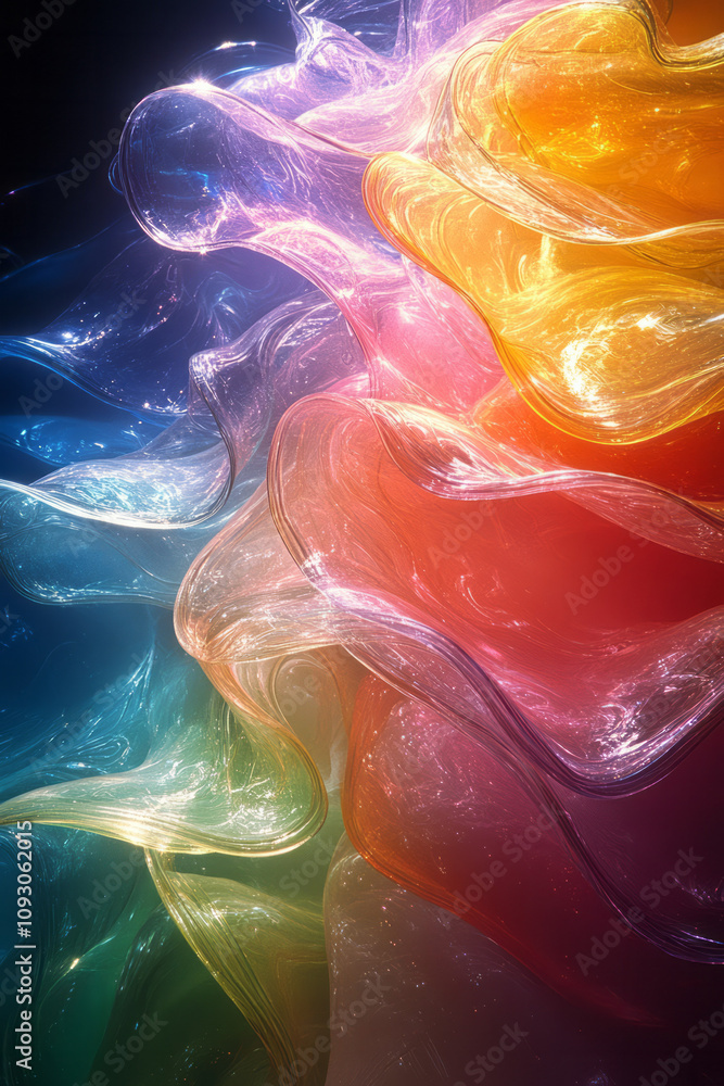 Aufkleber an artistic interpretation of fluid glass waves in vivid colors, with a focus on transparency and re