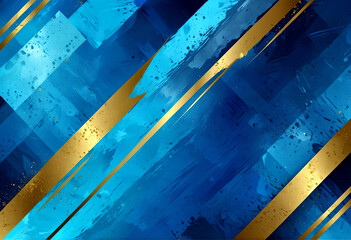 Modern background in shades of blue with gold elements, with spots, paint splatters and geometric shapes