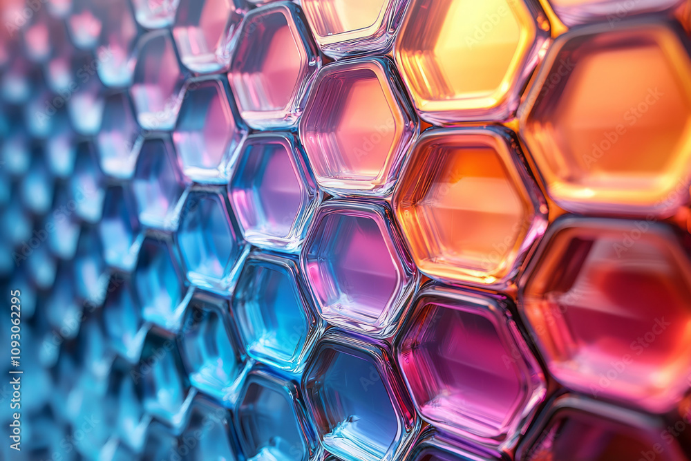 Poster A dynamic composition of abstract hexagonal glass tiles, featuring a smooth gradient from blue to red,