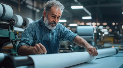 Experienced craftsman working diligently in a busy paper manufacturing facility, showcasing skill and dedication to quality craftsmanship in industrial production.