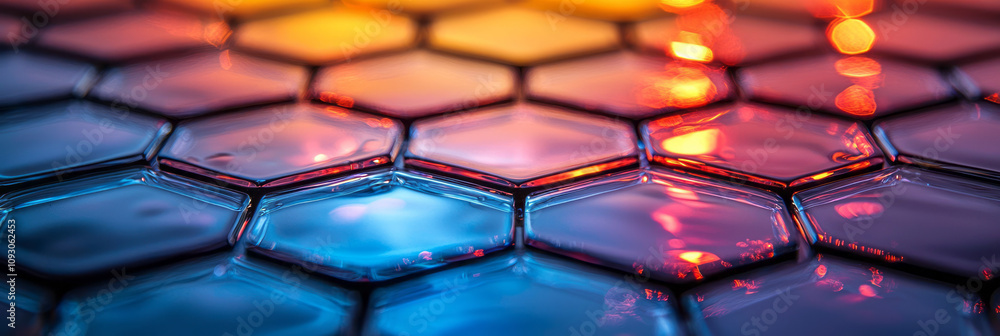 Poster A minimalist display of overlapping hexagonal glass tiles with a subtle blue to red gradient, capturing reflections,
