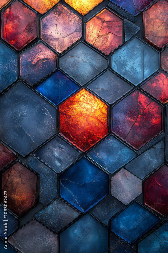 Poster An artistic arrangement of hexagonal glass tiles with alternating blue and red gradient hues, creating a vibrant abstract pattern,