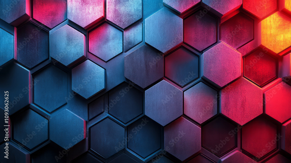 Poster a futuristic mosaic of blue and red gradient hexagonal glass tiles, glowing softly in an abstract ge
