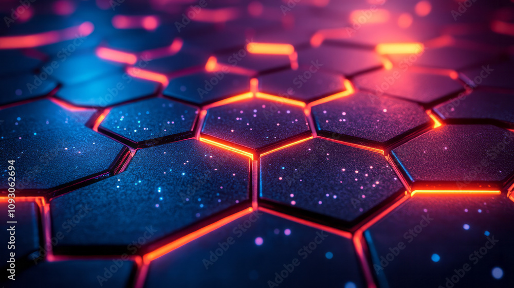 Aufkleber A futuristic mosaic of blue and red gradient hexagonal glass tiles, glowing softly in an abstract geometric layout,