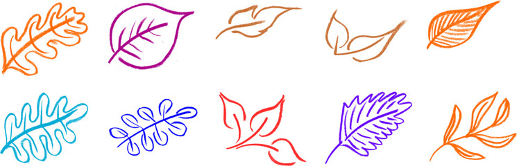 Leaf Crayon Chalk Drawing Vector Set