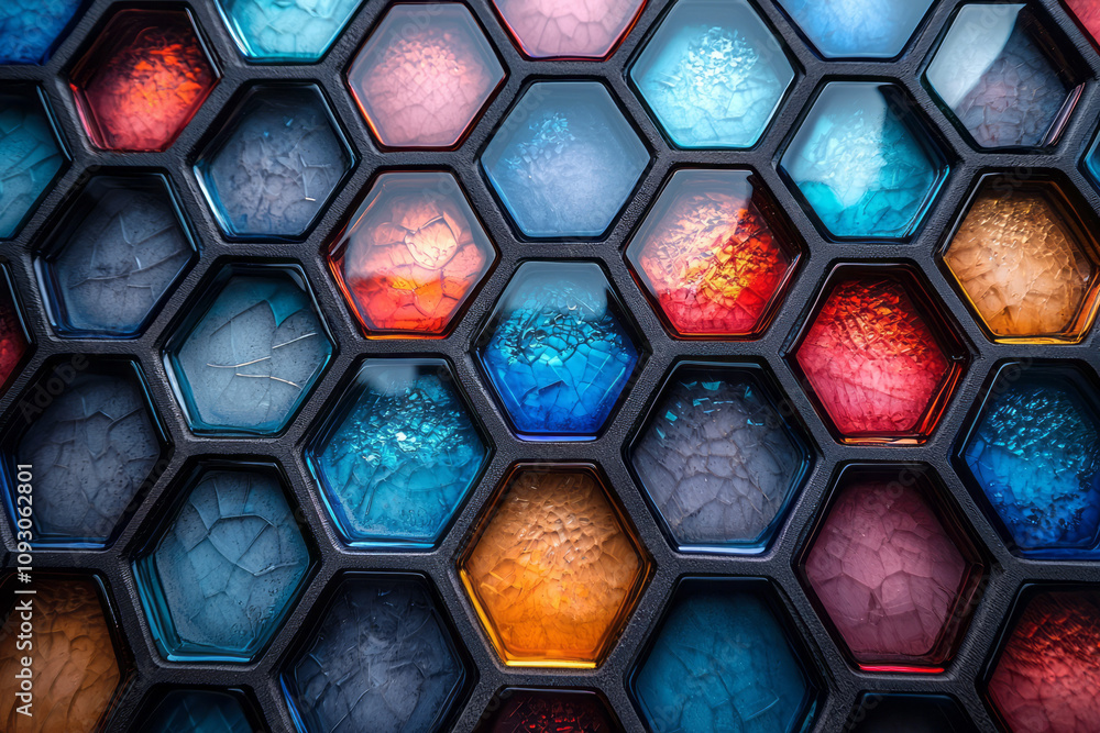 Poster a geometric composition of hexagonal glass tiles arranged in a honeycomb pattern, with vivid blue an