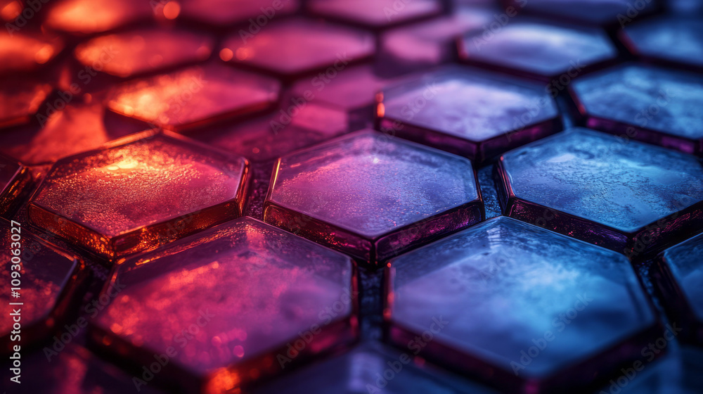 Poster A close-up view of layered hexagonal glass tiles in blue and red gradient colors, glowing softly with reflected light,