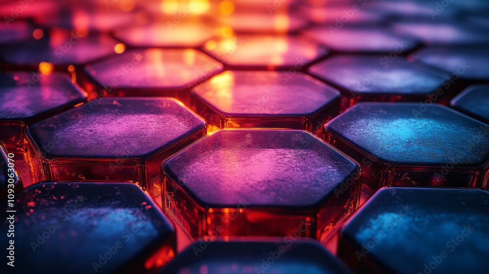 Poster A close-up view of layered hexagonal glass tiles in blue and red gradient colors, glowing softly with reflected light,