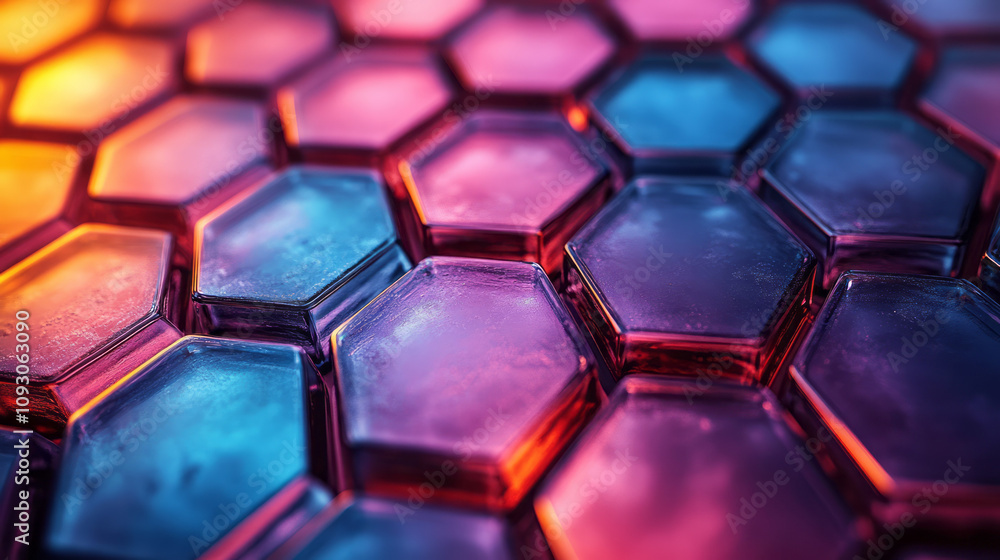 Leinwandbilder a close-up view of layered hexagonal glass tiles in blue and red gradient colors, glowing softly wit